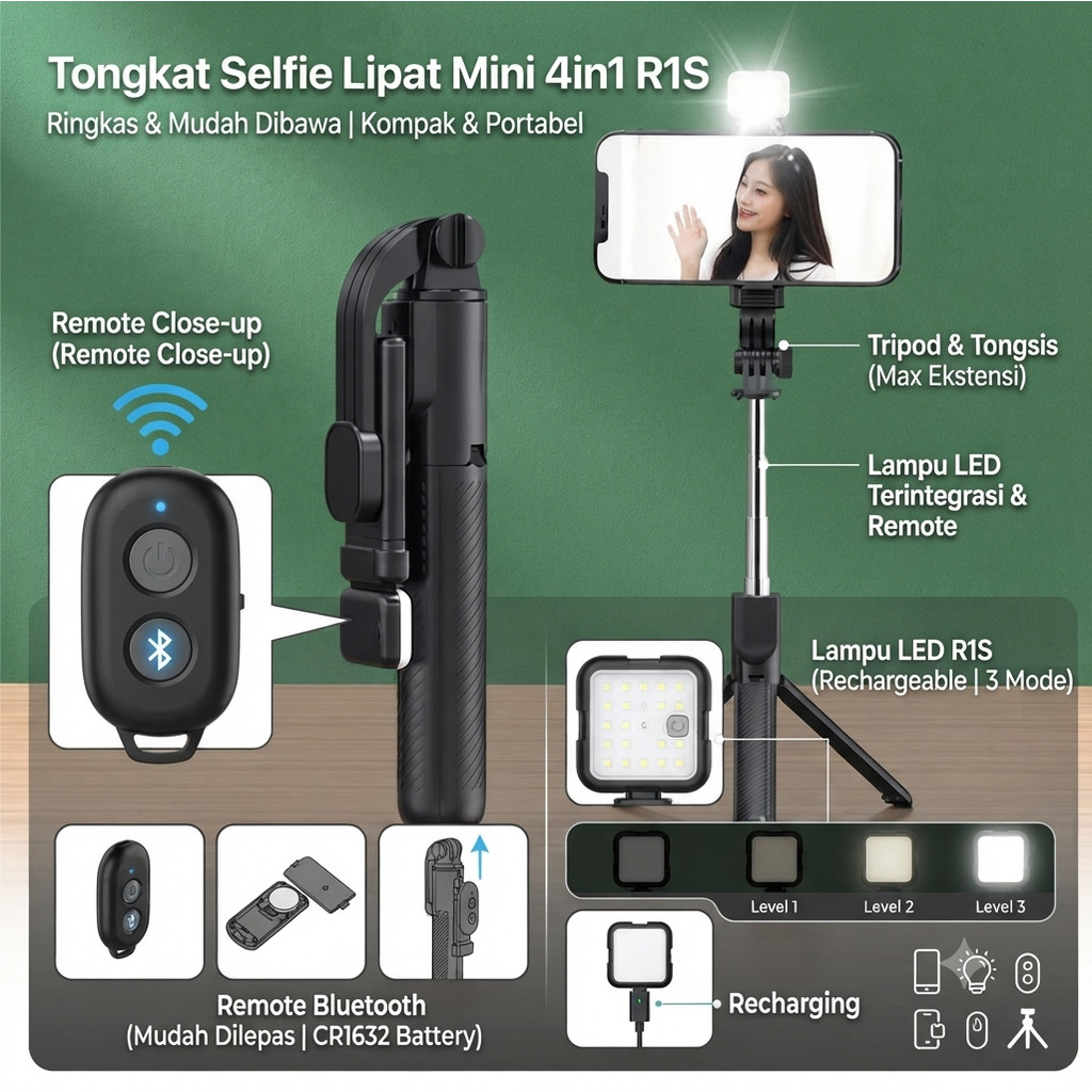 Tongkat Selfie stick R1S tongsis Lipat Mini 4in1 plus Remote Control Bluetooth Tripod Plus Lampu LED Flash R1S LED SELFIE STICK TONGSIS R1 R 1 S