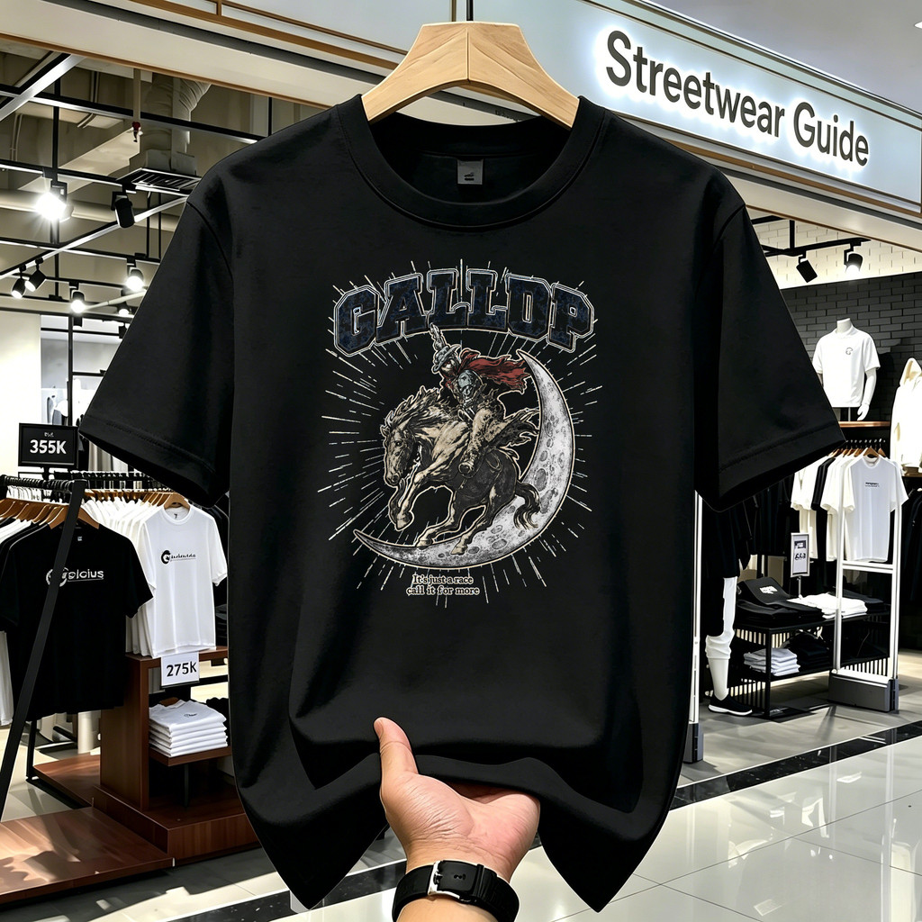 Kaos Oversize Vintage Unisex Motif Gallop Kuda Bulan American Style Kaos Pria Wanita Lengan Pendek T