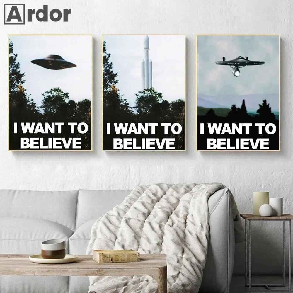 (2D canvas painting)  I Want To Believe UFO Poster  X Files TV Series Canvas Art Print for Living Ro