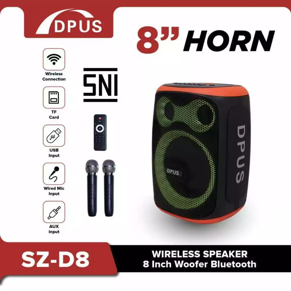 DPUS SPEAKER BLUETOOTH MIC PARTY BOX 8 INCH 120W 5.0 CHIP SUPER EXTRA BASS LOUDSPEAKER RGB (MEDAN)