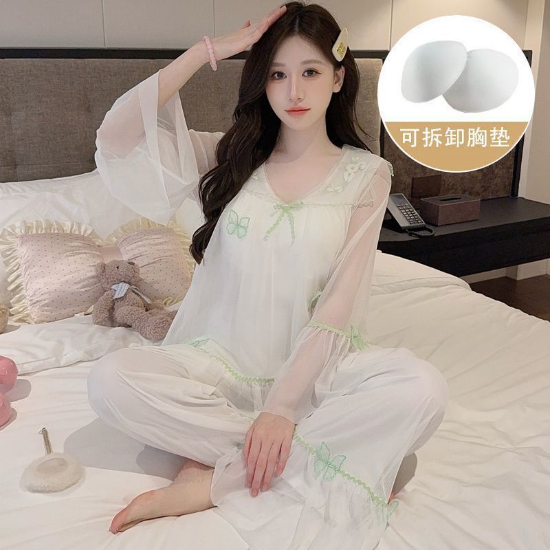 Foto asli Baju Tidur Piyama Cewek Stelan Panjang Model Terbaru Dengan Lapisan Renda Jala Yang Manis 