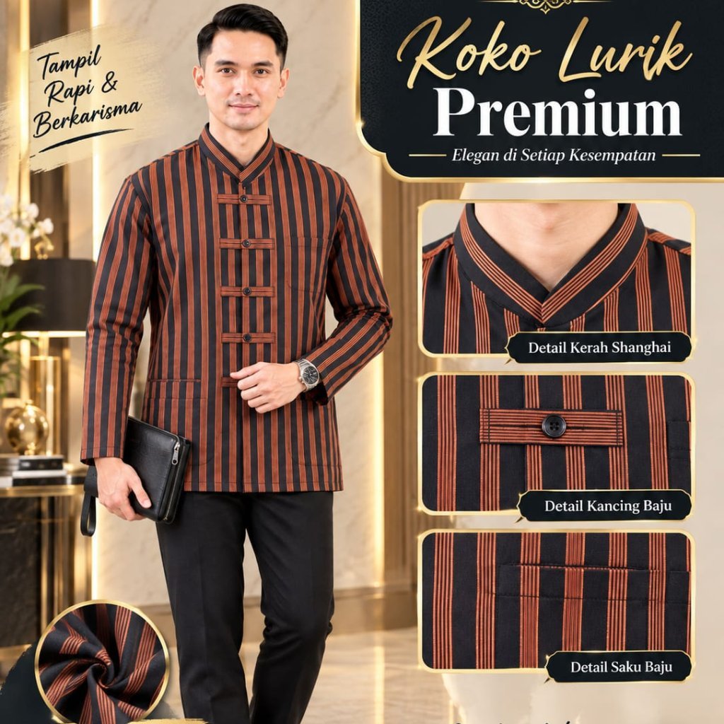 Kemeja Koko Surjan Lurik Kerah Shanghai Pria Premium Lengan Panjang - Koko Surjan Lurik Sanghai Mode