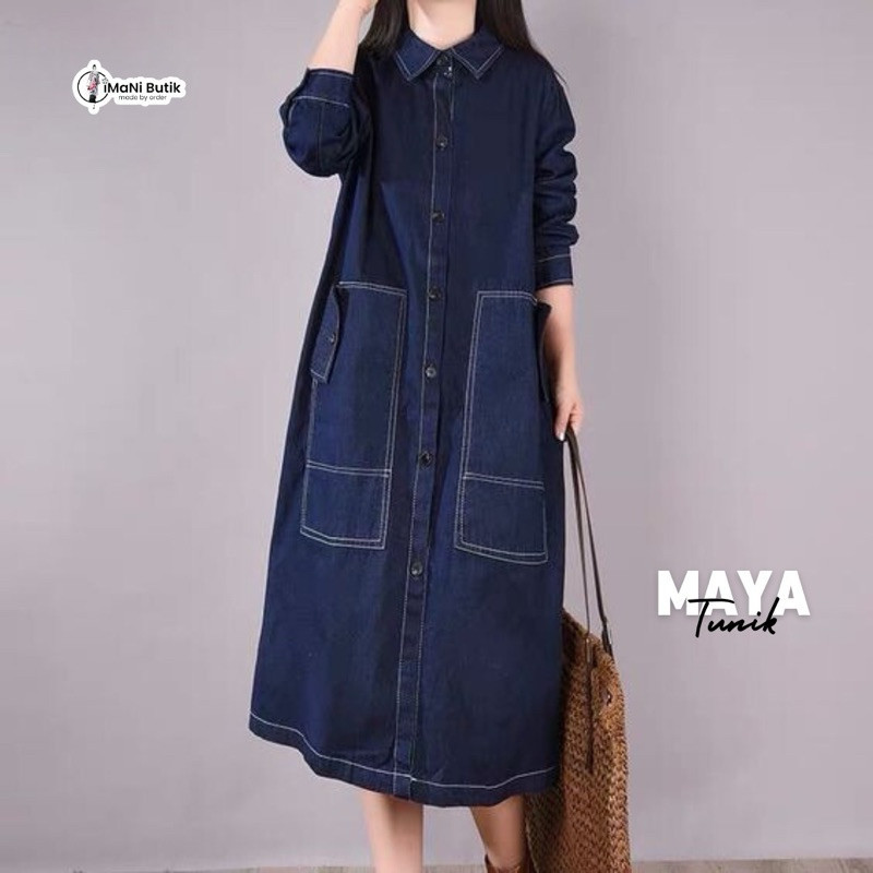 Tunik Wanita Muslim Casual Lengan Panjang Bahan Jeans Halus Saku Depan Model A Line Tunik Maya - Ima