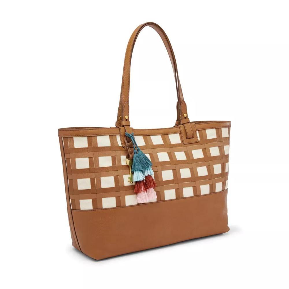 Tas Wanita Rachel Tote size Large / Besar warna Coklat Tan Kotak-Kotak dengan Tassle untuk Kantor / 