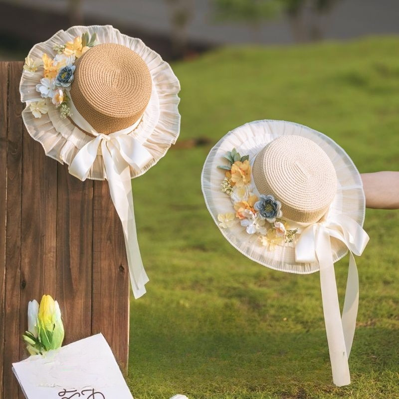 Topi Jerami Berkualitas Tinggi untuk Wanita, Topi Matahari Lolita Topi Pelindung Matahari Pantai