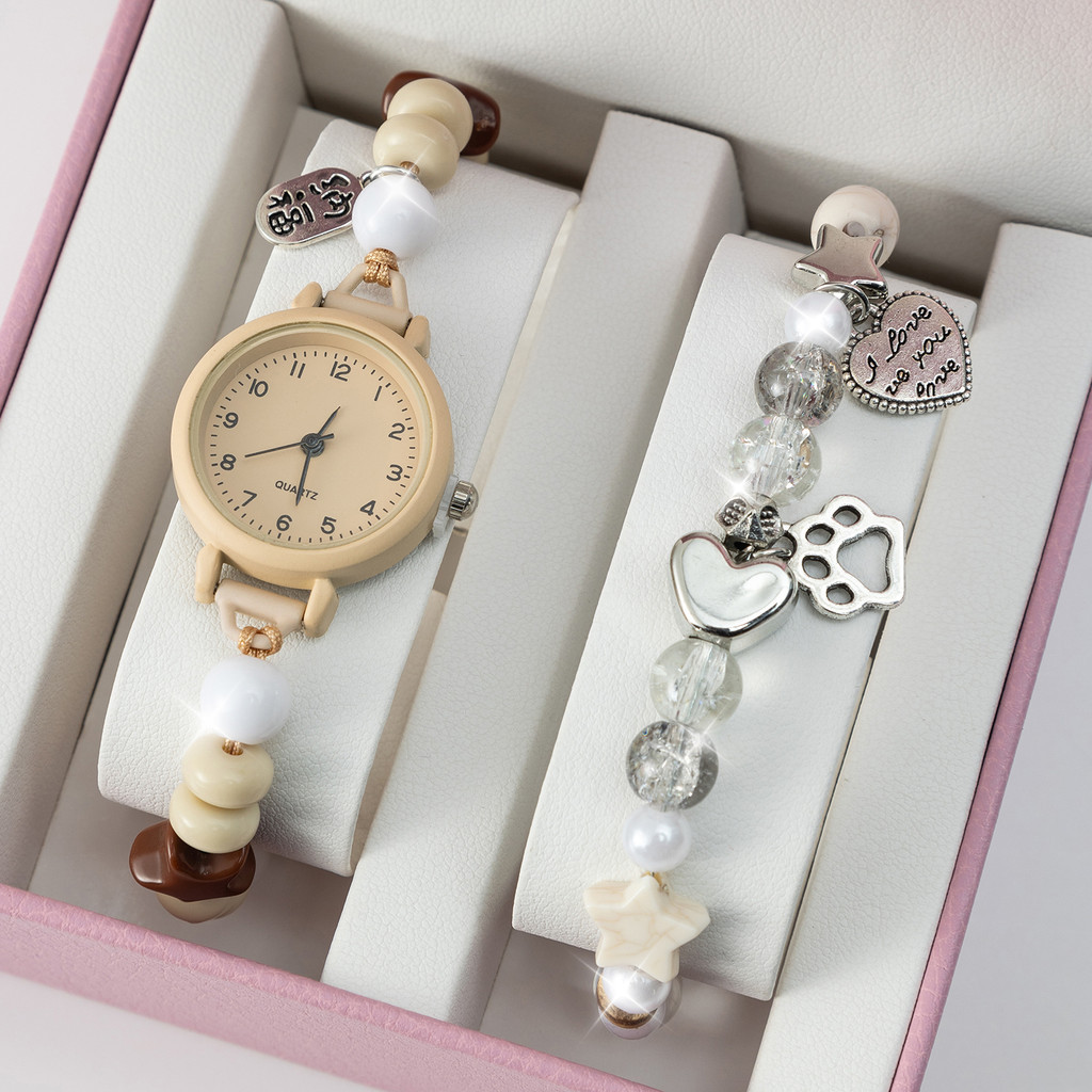 2PCS Jam Tangan Kuarsa Wanita Dial Kecil Gelang Manik-manik Set Gelang Harian Yang Menawan - Tanpa K
