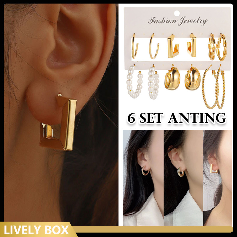 6 Set Anting Hoop Kotak Emas Perak Elegan Anting/ Anting Wanita Bulat Anting Mutiara Anting Gaya Kor
