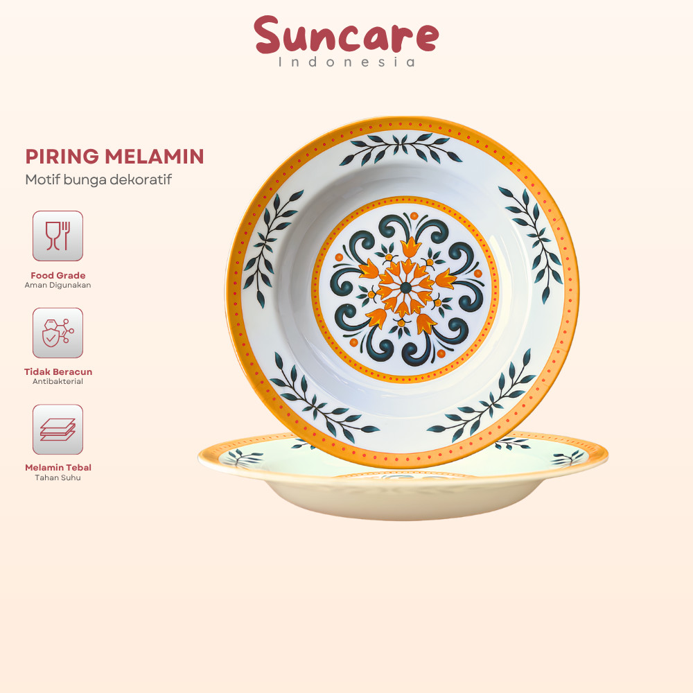 Suncare - 1 Lusin Piring Melamin Motif Bunga Piring Makan Aesthetic Elegan Bahan Tebal Food Grade