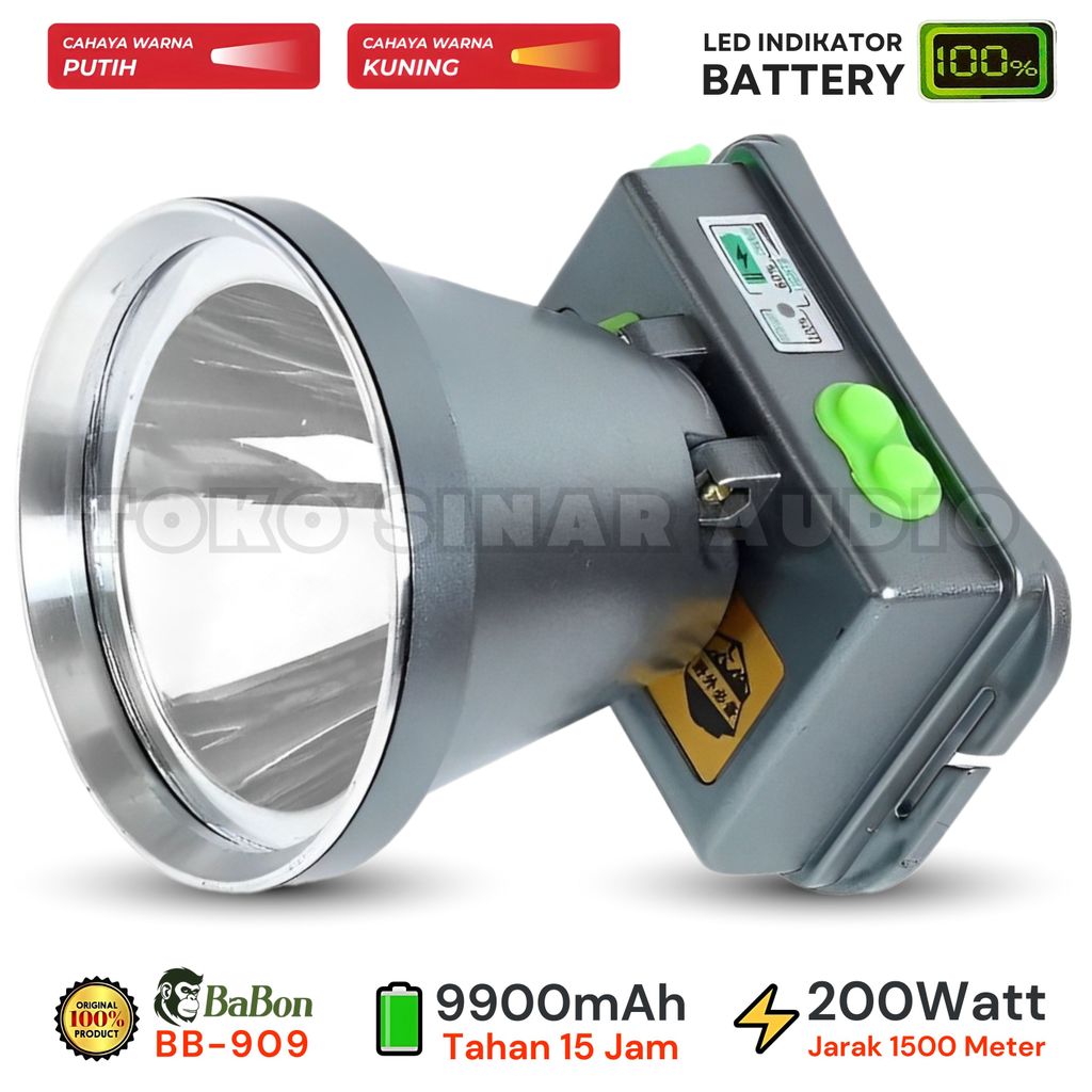 {CID} SENTER KEPALA 200 WATT TAHAN 30 JAM BABON BB-909 BATERAI CAS 9.900mAh CAHAYA PUTIH & KUNING / 