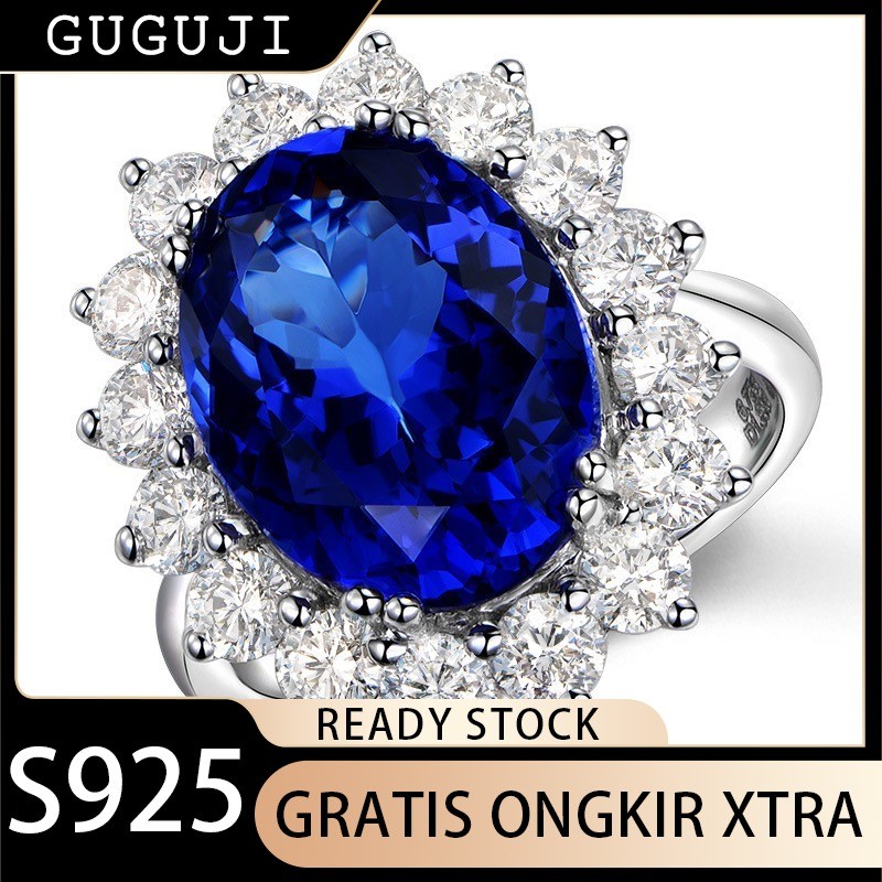 GUGUJI Cincin Terbuka yang Dapat Disesuaikan Noble Imitasi Tanzanite Alami Cincin Safir Berlapis Pla