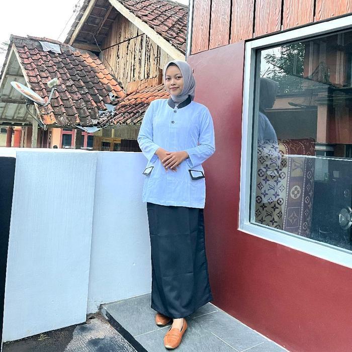 Setelan Seragam Baju PDH Putih Model List Hitam Wanita Atasan Kerja Dinas PNS Cewek Model Saku Bawah