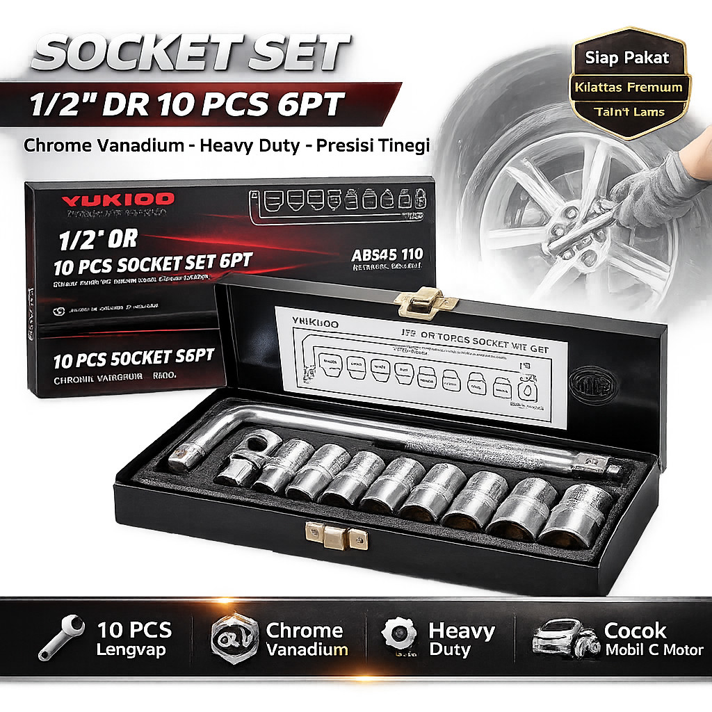 Kunci Socket Set YUKIDO 10Pcs 8-24mm 1/2DR 6PT / 12PT Chrome Vanadium JAPAN Box Besi