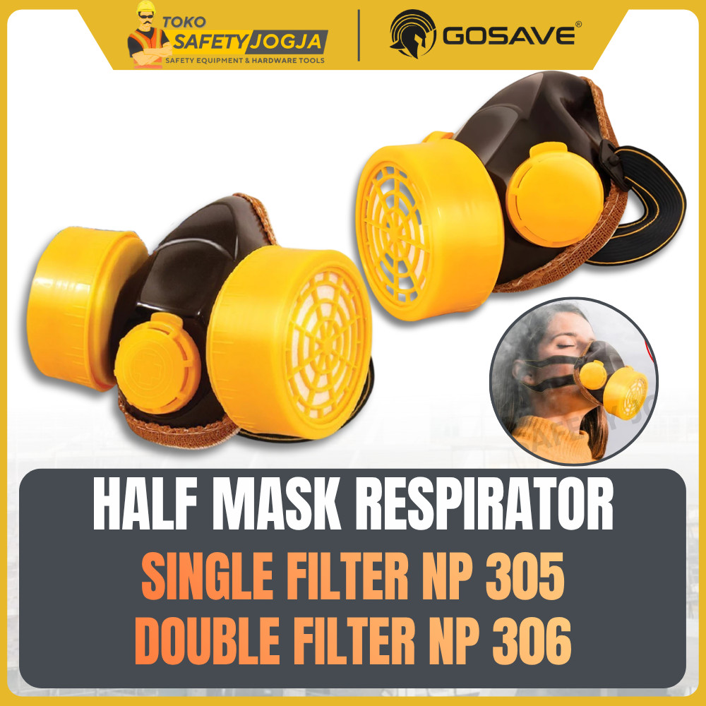 GAS MASK RESPIRATOR MASKER CAT KIMIA CHEMICAL SINGLE/ DOUBLE FILTER MERK GOSAVE