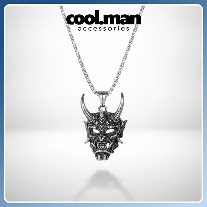 Kalung Pria Wanita  Wanita Stainless Steel Liontin Topeng Oni Jepang (Japanese Oni Mask)