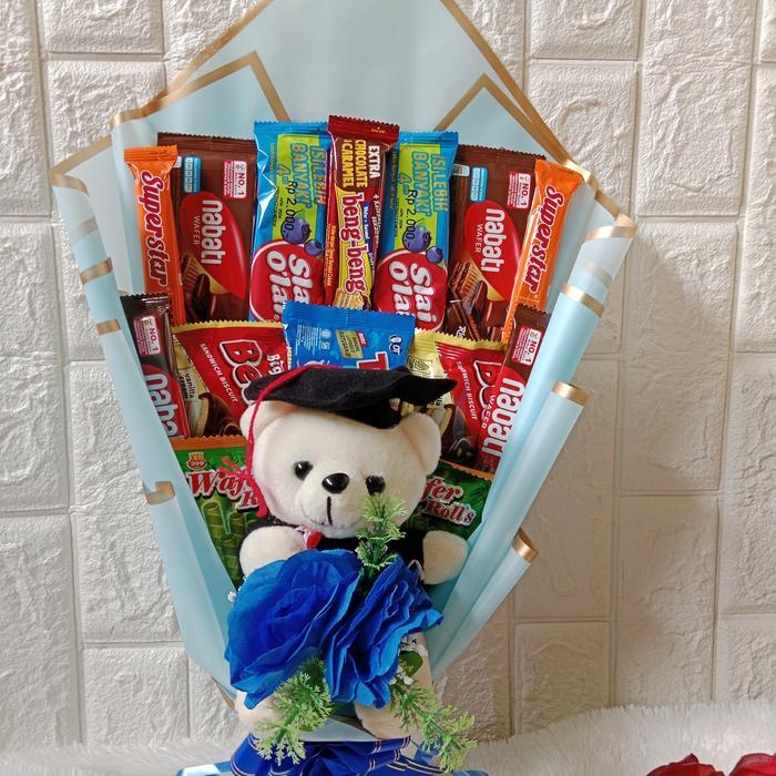 BUCKET Snack+boneka+bunga (bisa di custem juga sesuai selera)wisuda - Biru
