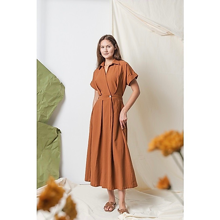 Berta V Neck Dress - Linen Angel Sx Brown