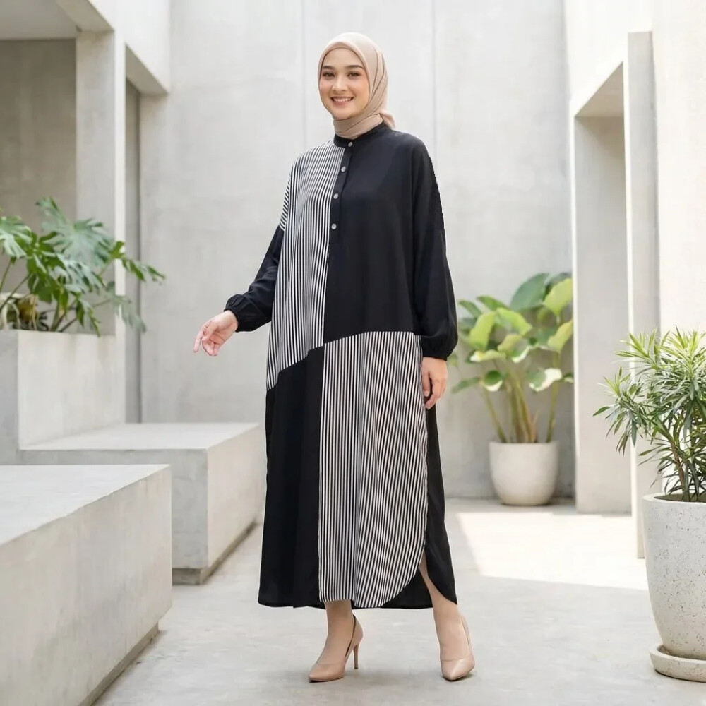 Gamis Wanita Lengan Panjang Motif Garis Kombinasi Warna Longgar Elegan|Gamis Wanita|Pakaian Muslimah
