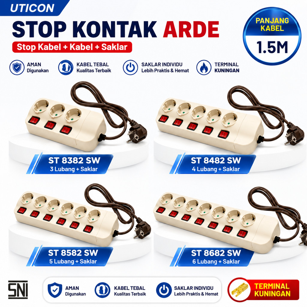 Stop Kontak Arde 3L/4L/5L/6L+K 1.5M @SW ST 8382SW/ST 8482SW/ST 8582SW/8682SW Uticon - Stop Kontak + 