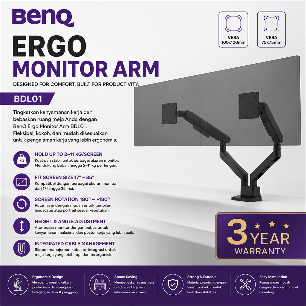 BenQ Ergo Monitor Arm BDL01 Dual Monitor Arm VESA 75x75 100x100 Gas Spring Monitor Mount 17-35 Inch 