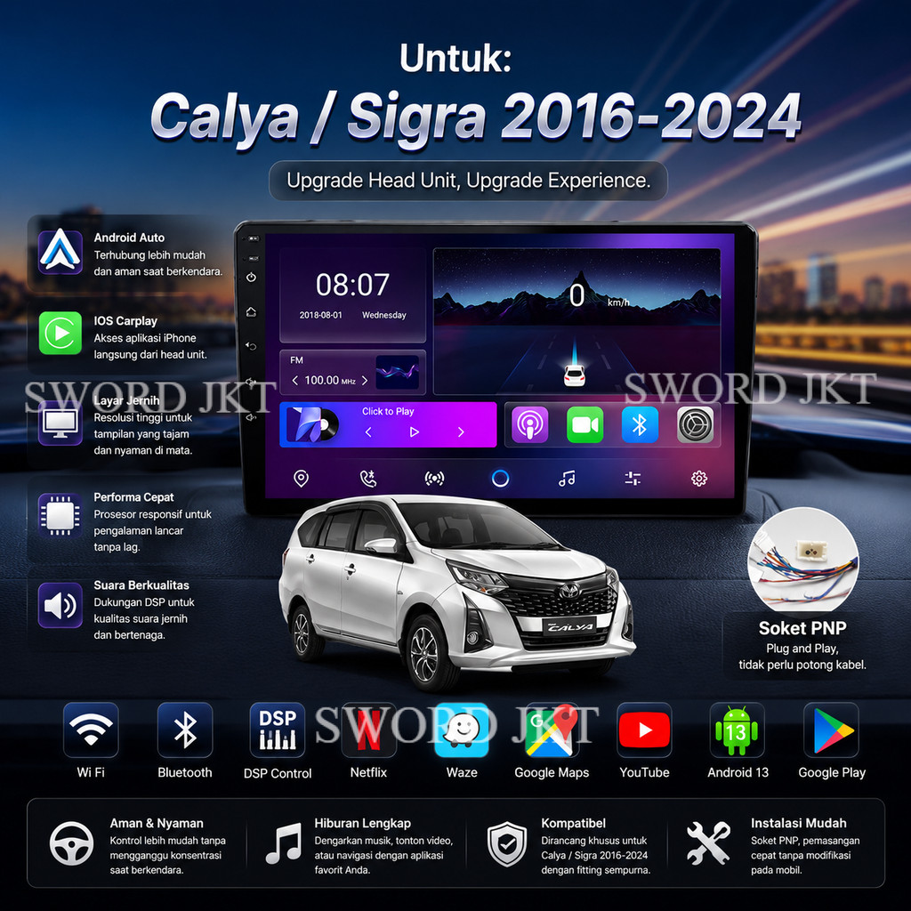 Head Unit Android Mobil Calya Sigra 2016-2024 Layar Touchscreen IPS 9 Inch Frame Soket PNP Kamera Mu