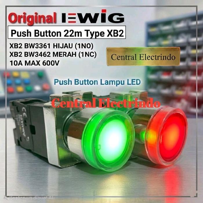 Push Button Lamp LED EWIG 22mm XB2 BW3361 Hijau/BW3462 Merah. - BW3361 HIJAU (NO)