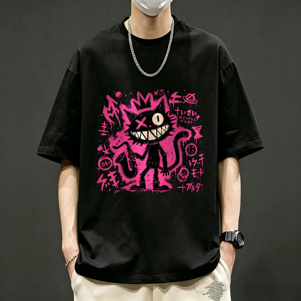 Kaos Pria Kaos Oversize Graffiti Kucing Bermain Saxophone Gaya Punk Kaos Band Band Merch T-Shirt Uni