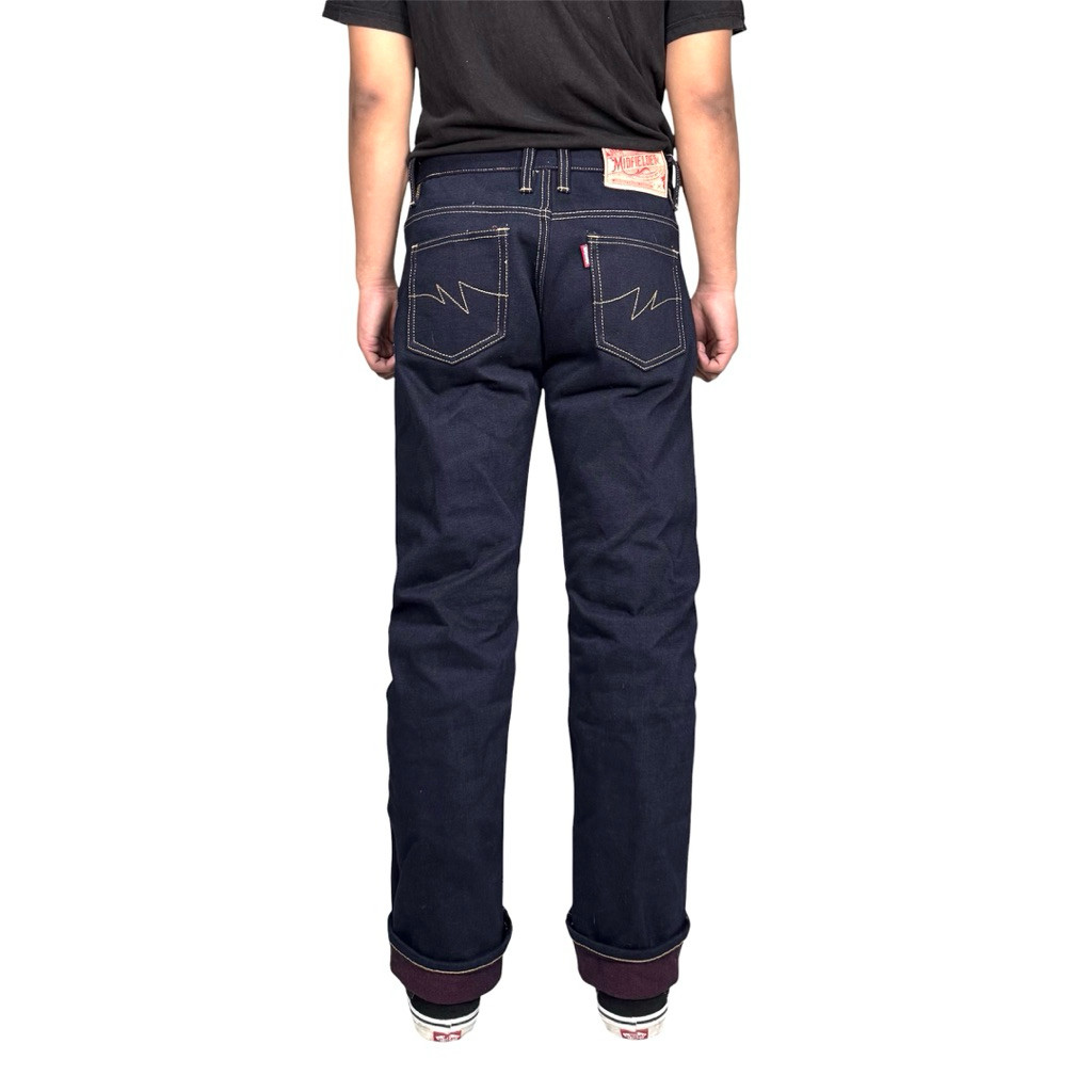 midfielderdenim - selvedge denim 20oz weft maroon rope dyed indigo