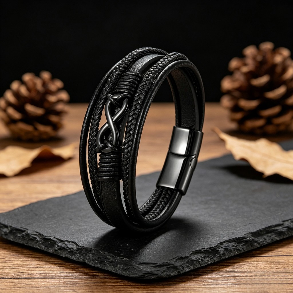 Gelang Premium Warna Emas Hitam Perak, Gelang Kulit Asli Pria Desain Simbol Infinity Hitam Keren, Ge