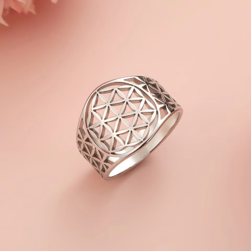 Cincin Bunga Kehidupan Skyrim dari Baja Anti Karat, Geometri Suci, Cincin Wanita, Jimat, Perhiasan V