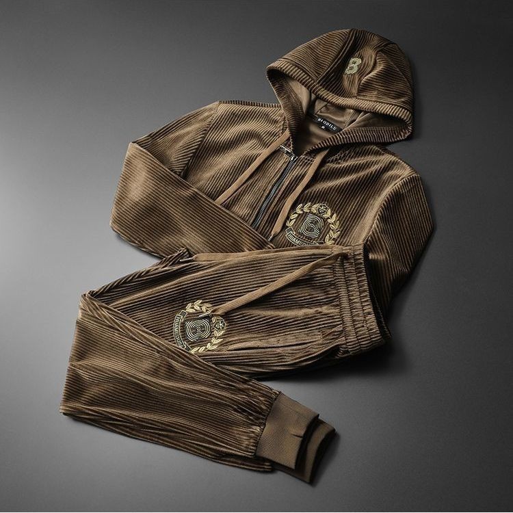 Men 's Fashion Velvet Embroidery Set Hooded Casual Two Piece Set