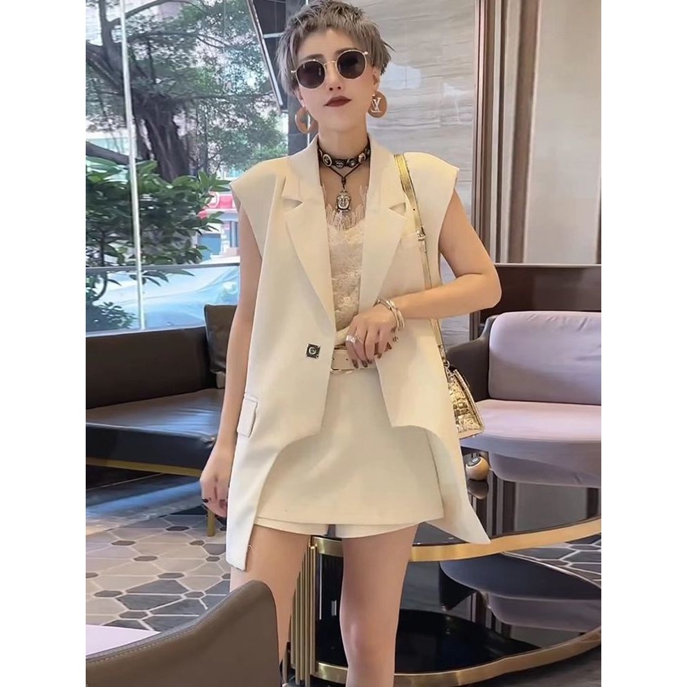 Set Dua Potong Blazer Tanpa Lengan Jaket Pendek Tipis