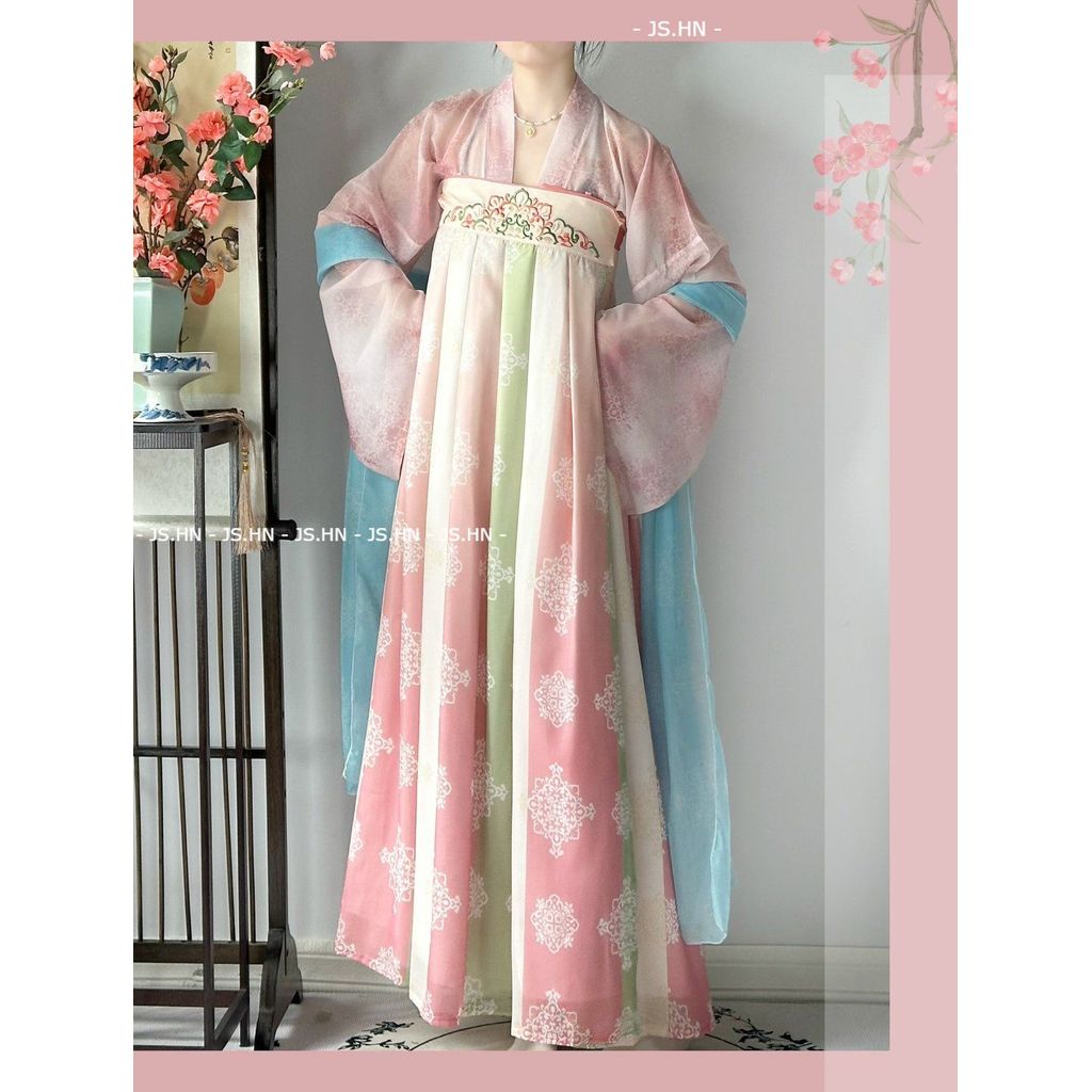 JS.HN - Huazhao Hanfu Restorasi Wanita One-piece Rok Panjang Dada Gaya Tang Merah Muda Setelan Hanfu