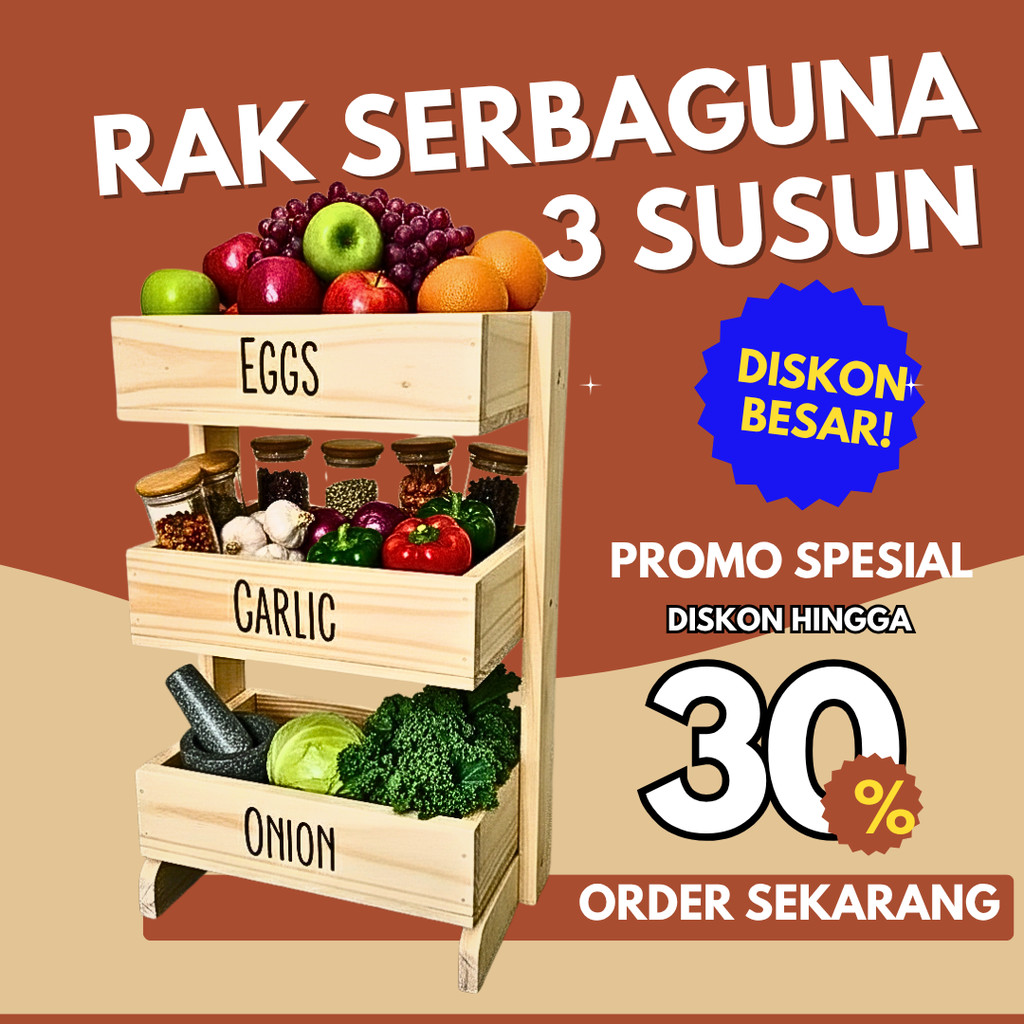 Rak Bawang Kayu 3 Susun / Rak Bumbu Serbaguna