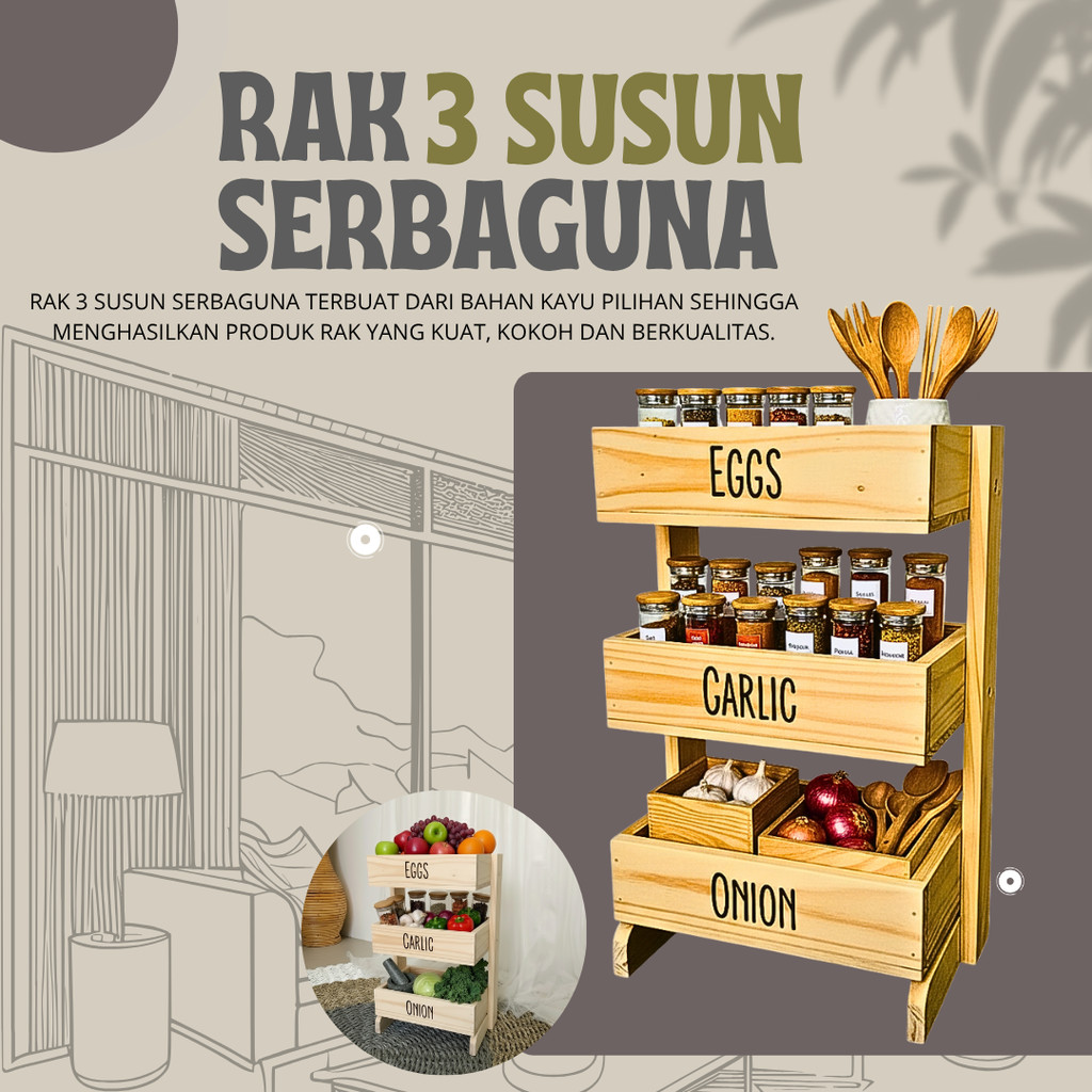 Rak bawang kayu 3 susun / Rak dapur / Rak kosmetik/ Rak perkakas/ Rak bawang