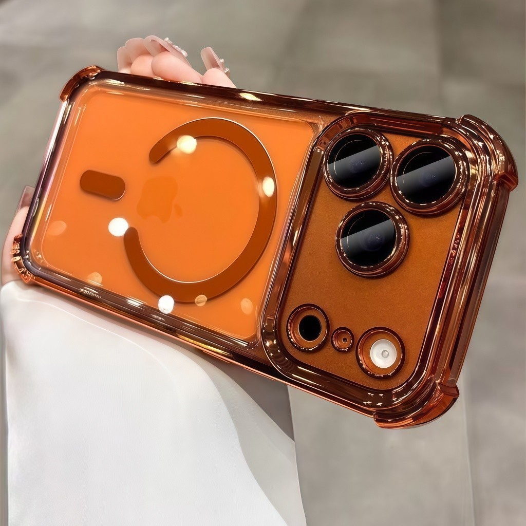 New 17promax Casing Luxury Cosmic Orange Airbag Acrylic Clear Magsafe Magnetic Phone Case for iPhone