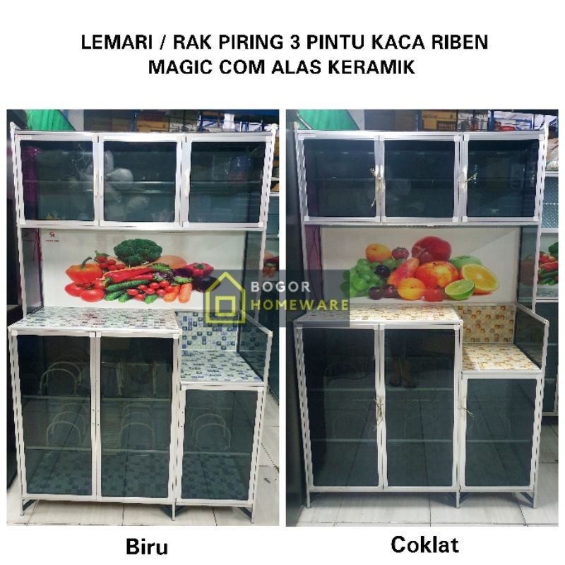 (KHUSUS BOGOR) RAK PIRING / LEMARI PIRING KACA RIBEN 3 PINTU MAGIC COM ALAS KERAMIK
