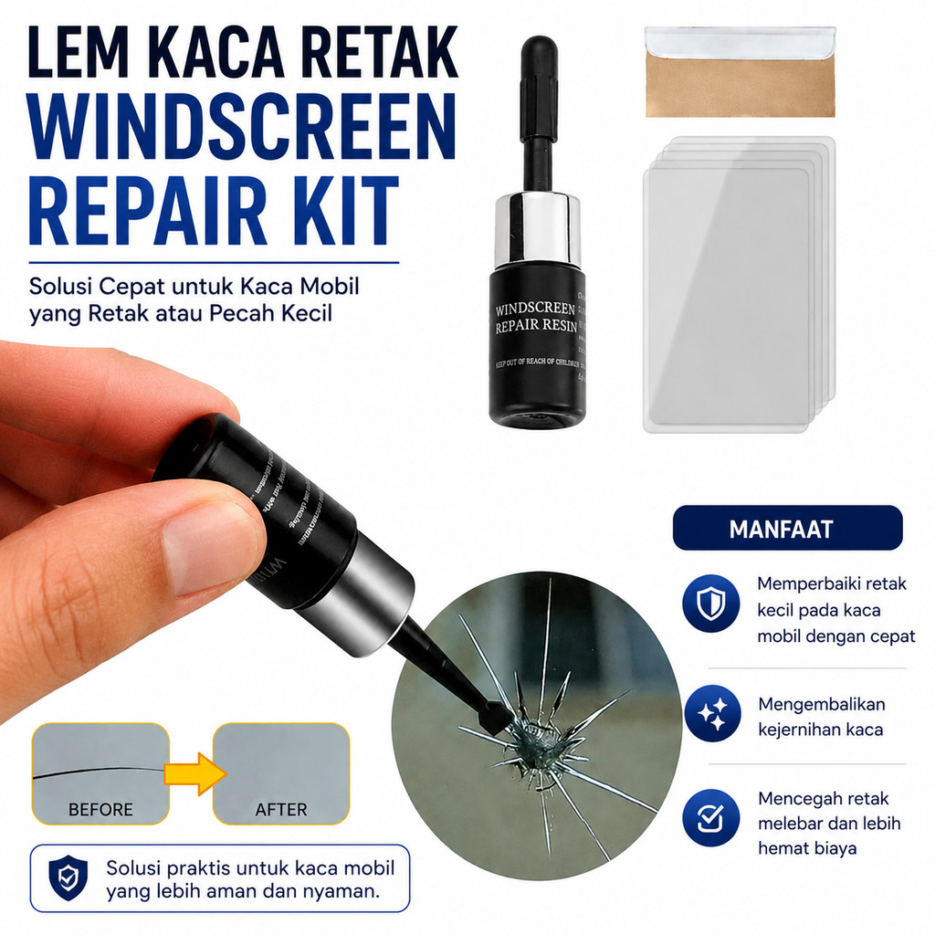Lem Kaca Retak Mobil Windscreen Repair Kit Perbaiki Retak & Baret Kaca