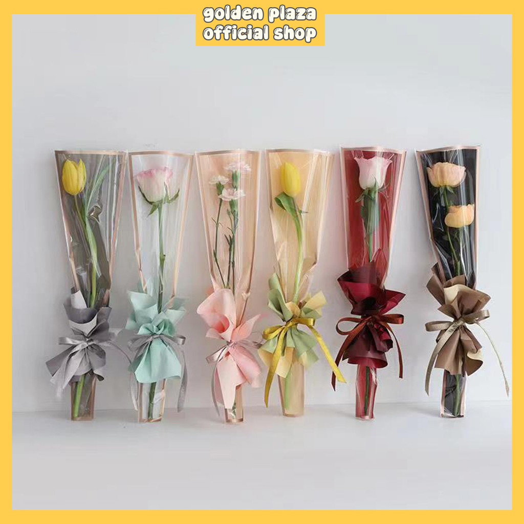 (50 LEMBAR) Plastik Single Rose List Gold Wrapping Buket Plastik Mini Buket Bunga Satu Tangkai Singl