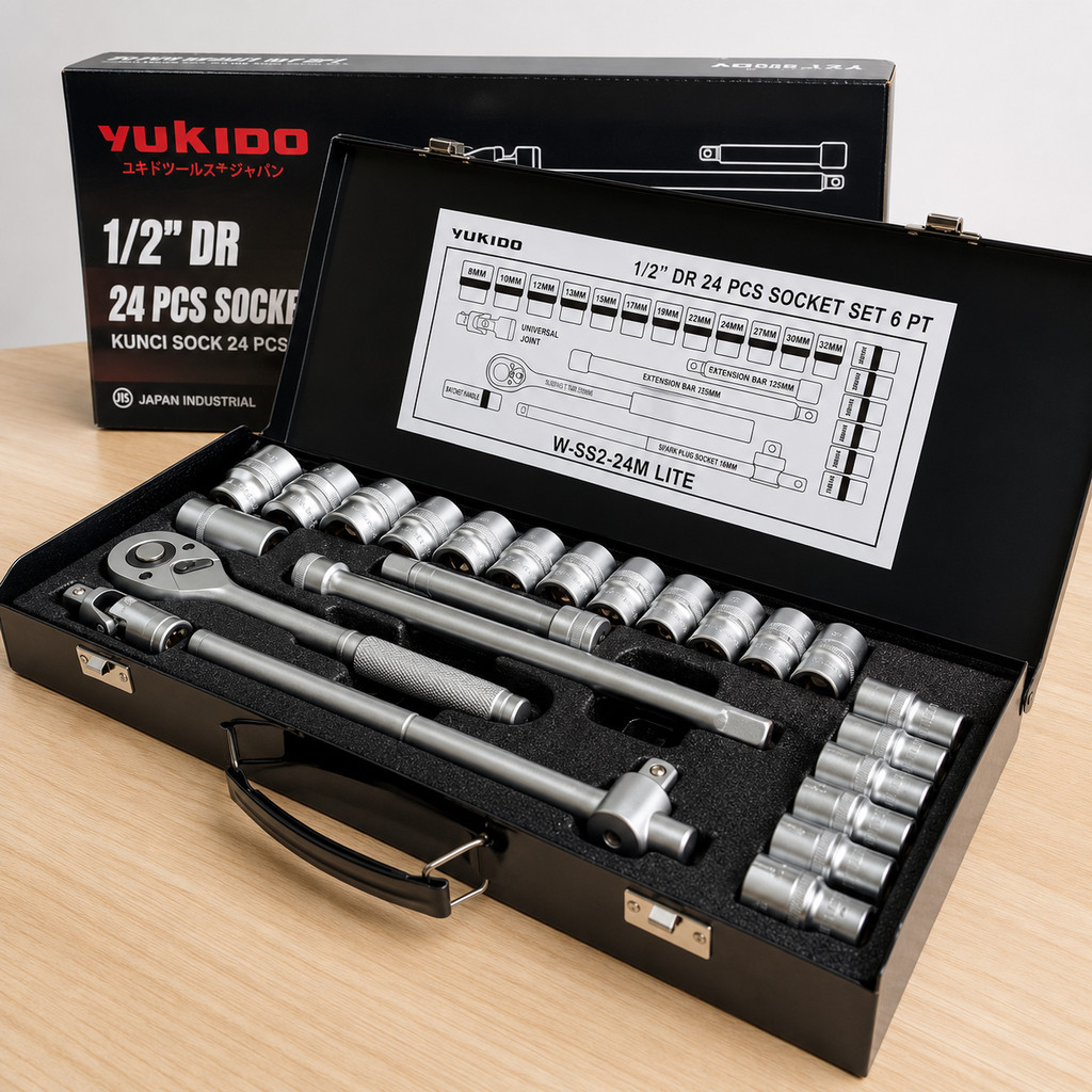 YUKIDO Kunci Sok 1/2 Inch Set KUNCI SOCK SET 24PCS 6PT/12PT 8-32MM Kotak Besi TEKIRO - Alat Bengkel 