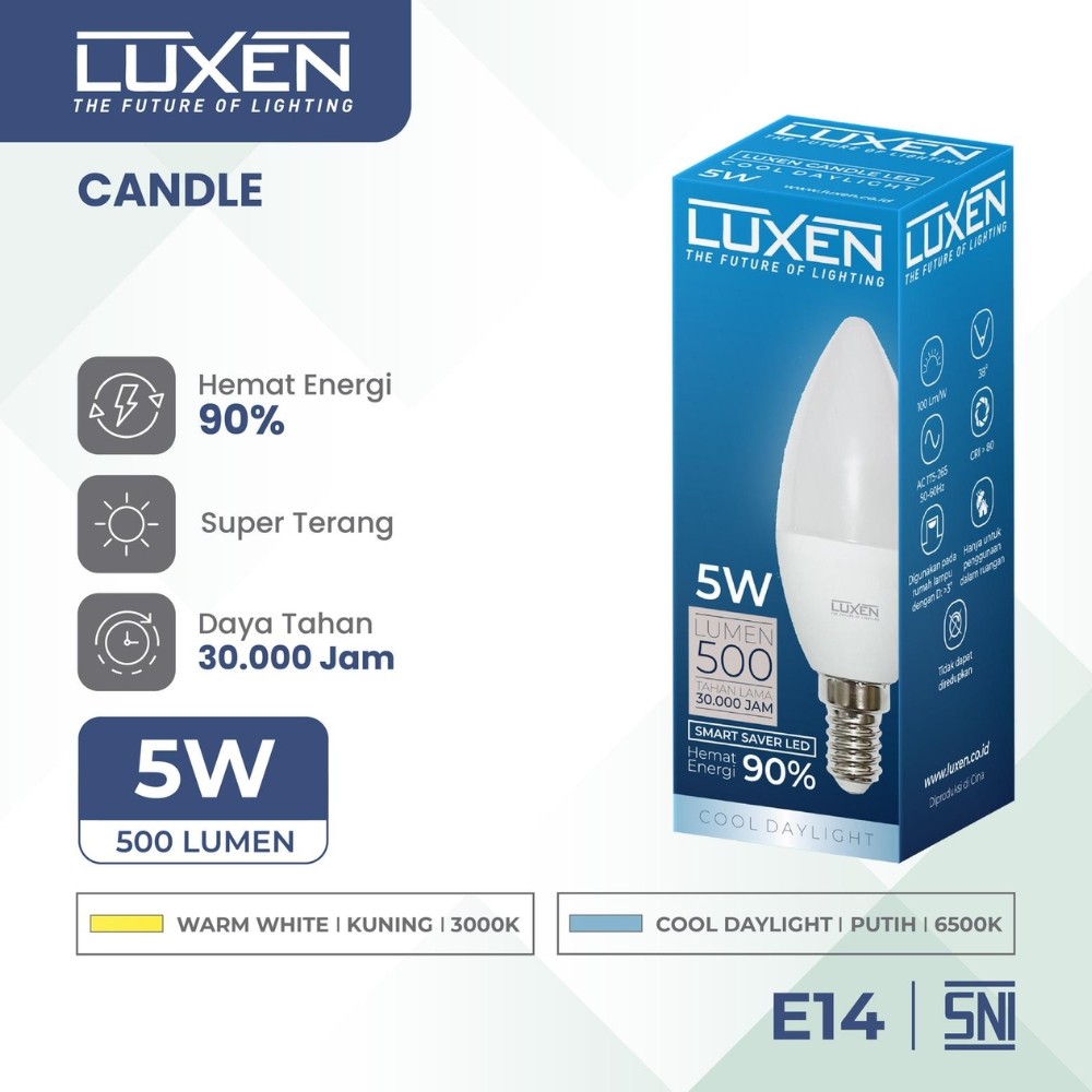 LUXEN LAMPU LED CANDLE 5 Watt Fitting E14 Cahaya Putih, Kuning dan Semu