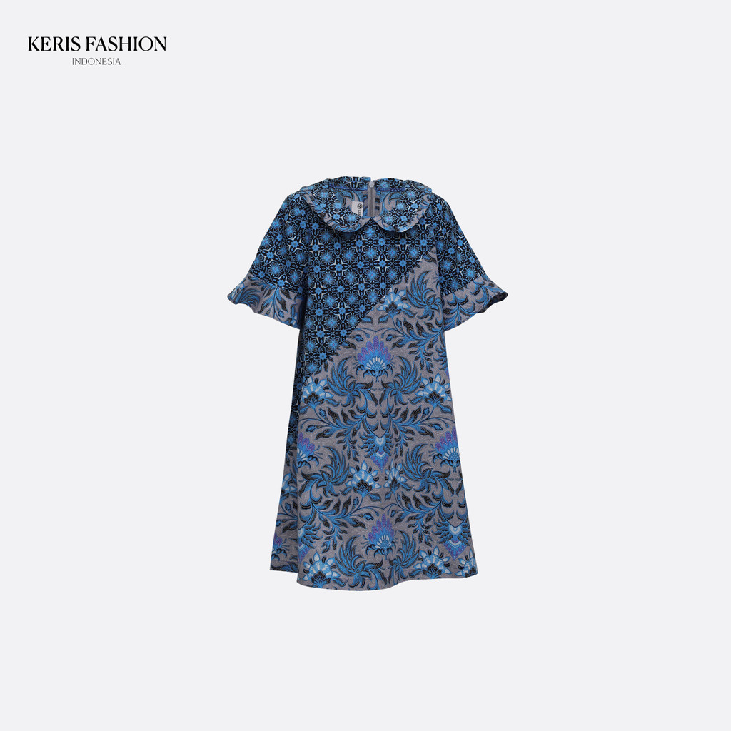 Keris Gallery Dress Anak Batik Lengan Pendek Motif Ukel Merak Manis Komb Megar Sinar - Hitam-Biru