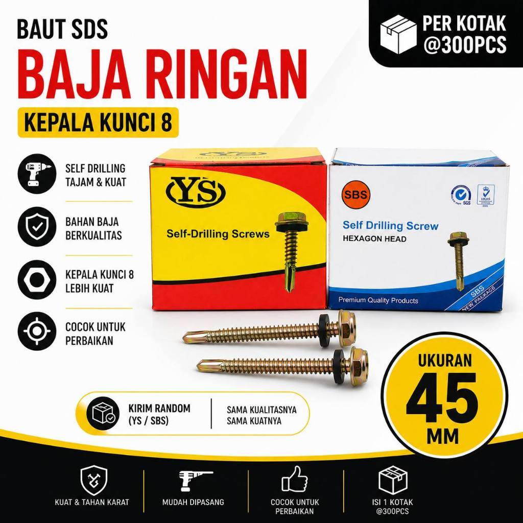 PERKOTAK - Baut SDS Baja Ringan Seng Roofing YS SBS 45 MM / Self Drilling Screw