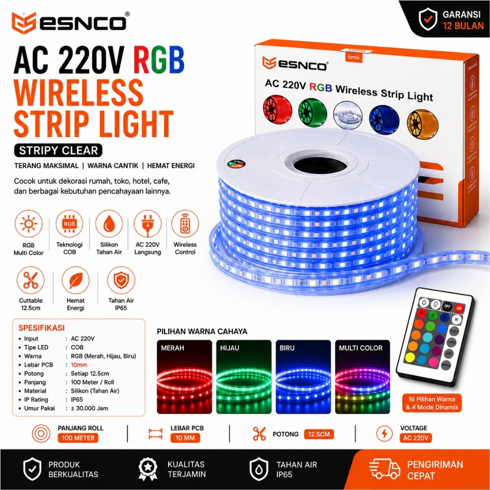 ESNCO Lampu LED Strip Selang RGB 5050 60LED 10MM 100Meter