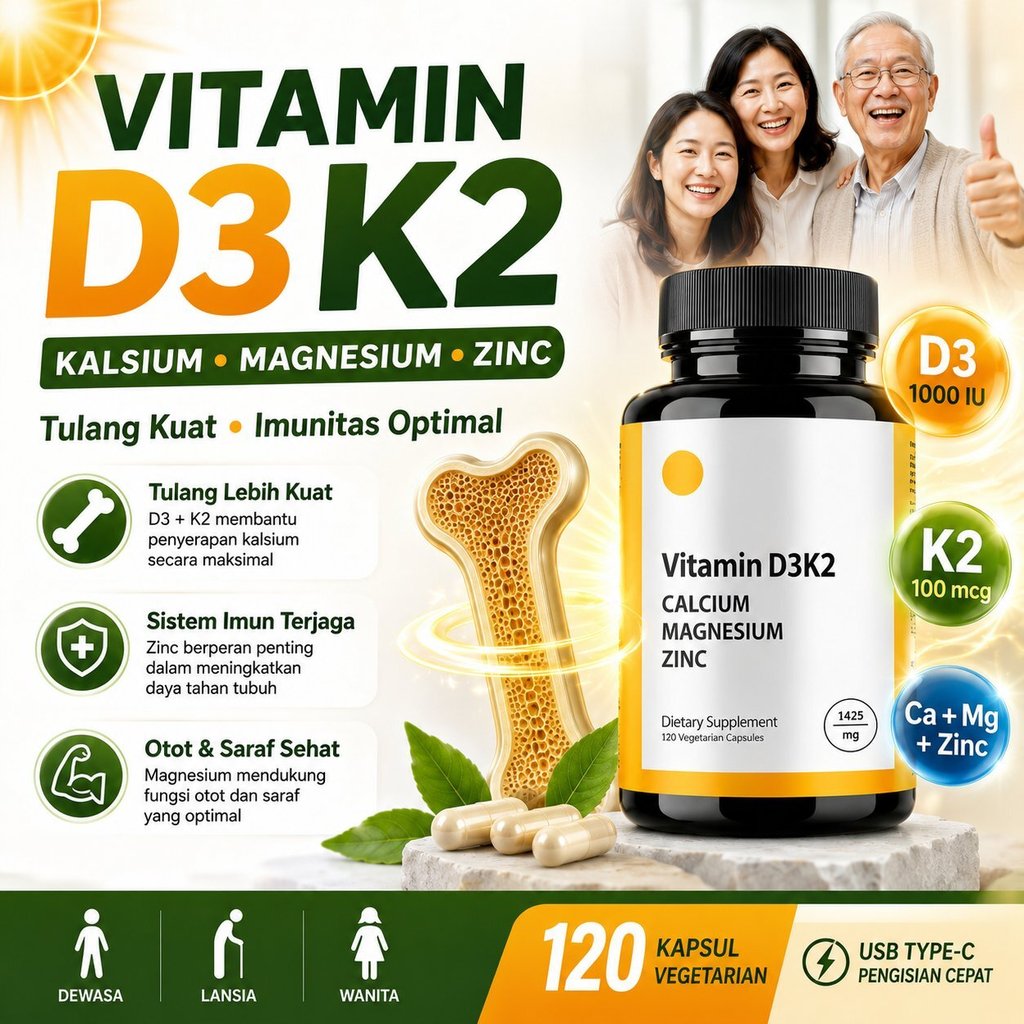 Multi Usia Kalsium + D3K2 Magnesium Zinc 120 Kapsul | Bantu Tulang Kuat & Imun Optimal | D3K2/Zinc/M