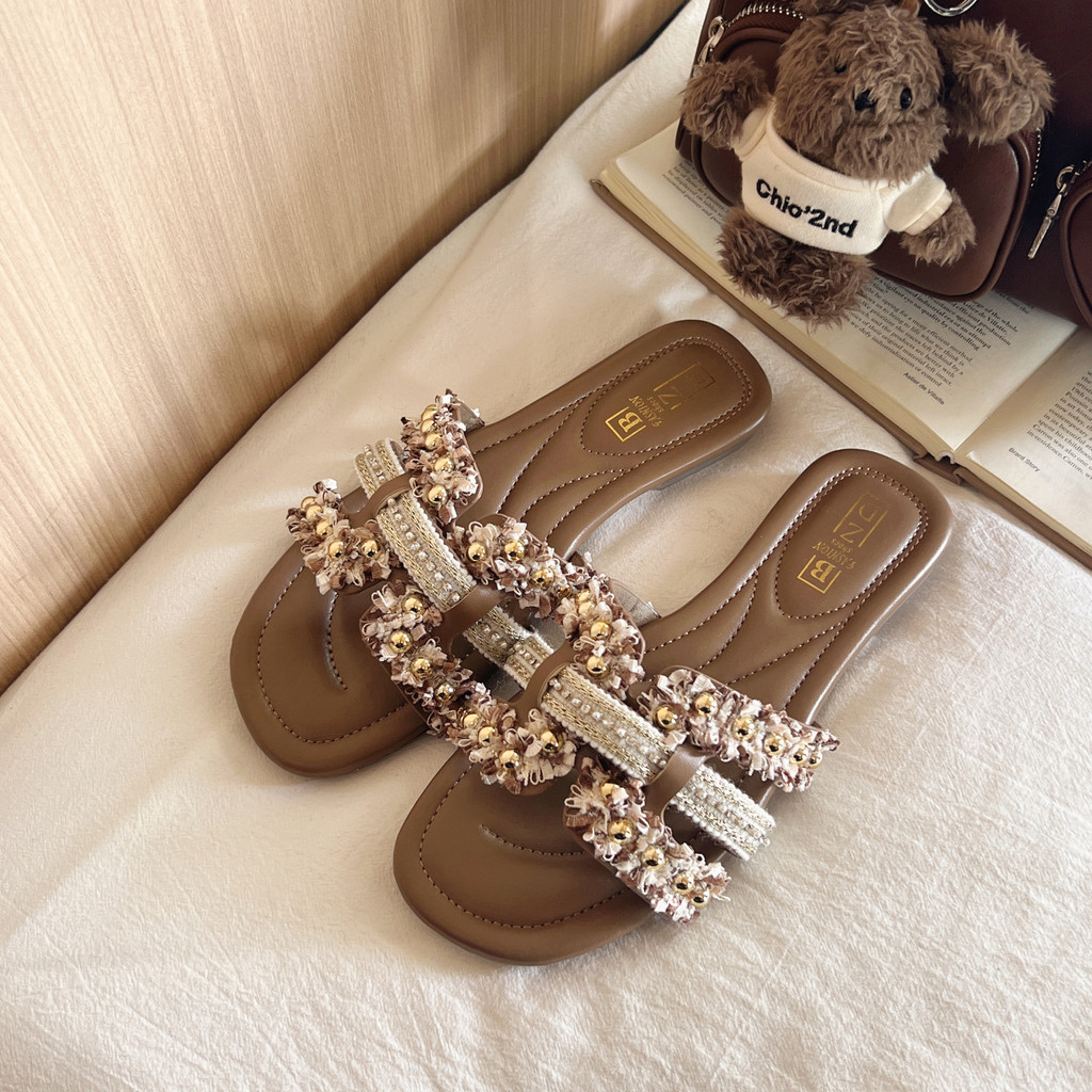 Sendal mutiara gaya Chanel untuk wanita model musim panas baru sandal selop datar bergaya peri yang 