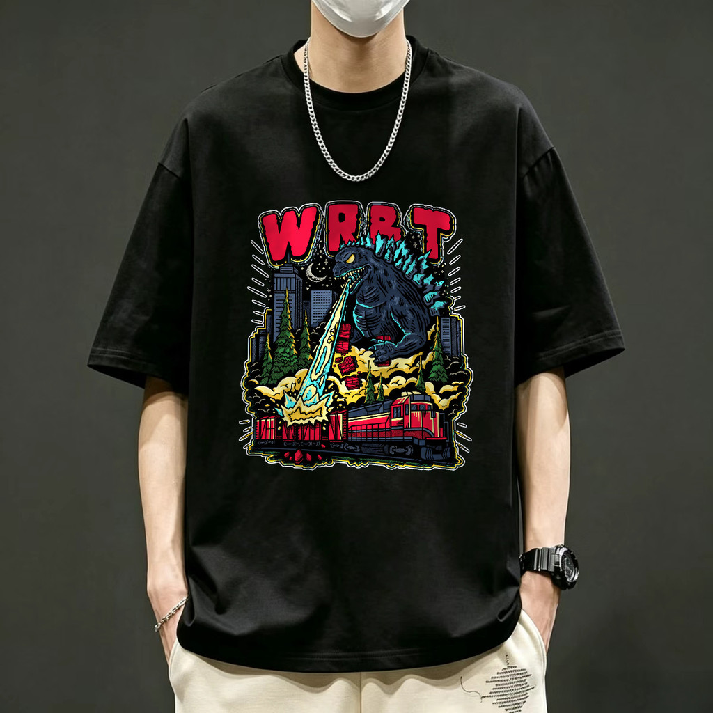 Kaos Godzilla Monster Api Melawan Kereta Desain Retro Kaos Pria Kaos Distro T Shirt Unisex Kaos Leng