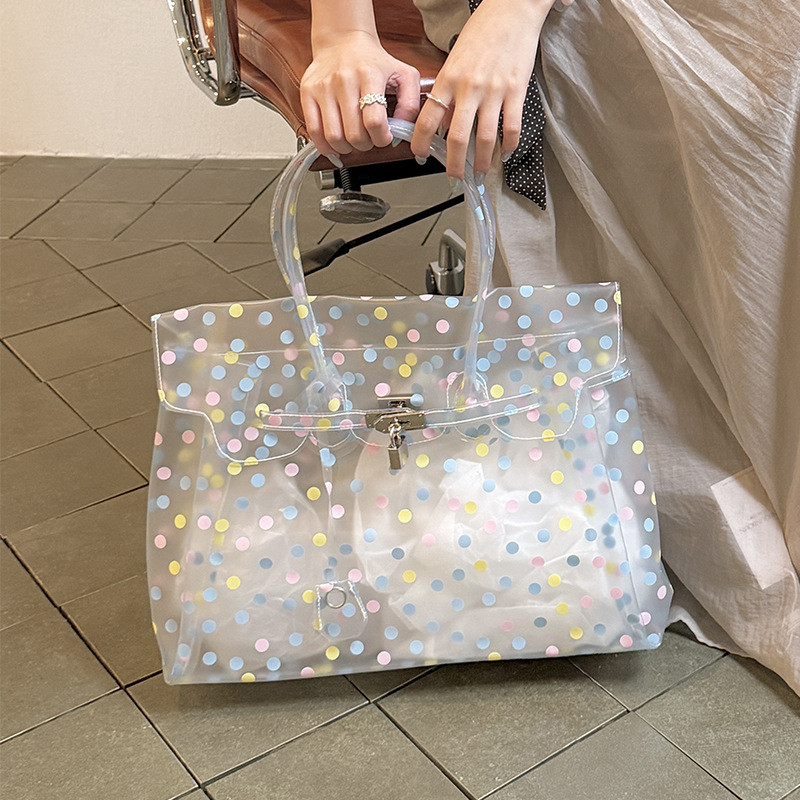Tas Tote Besar Transparan PVC, Tas Jinjing Jelly Motif Polkadot Kapasitas Besar