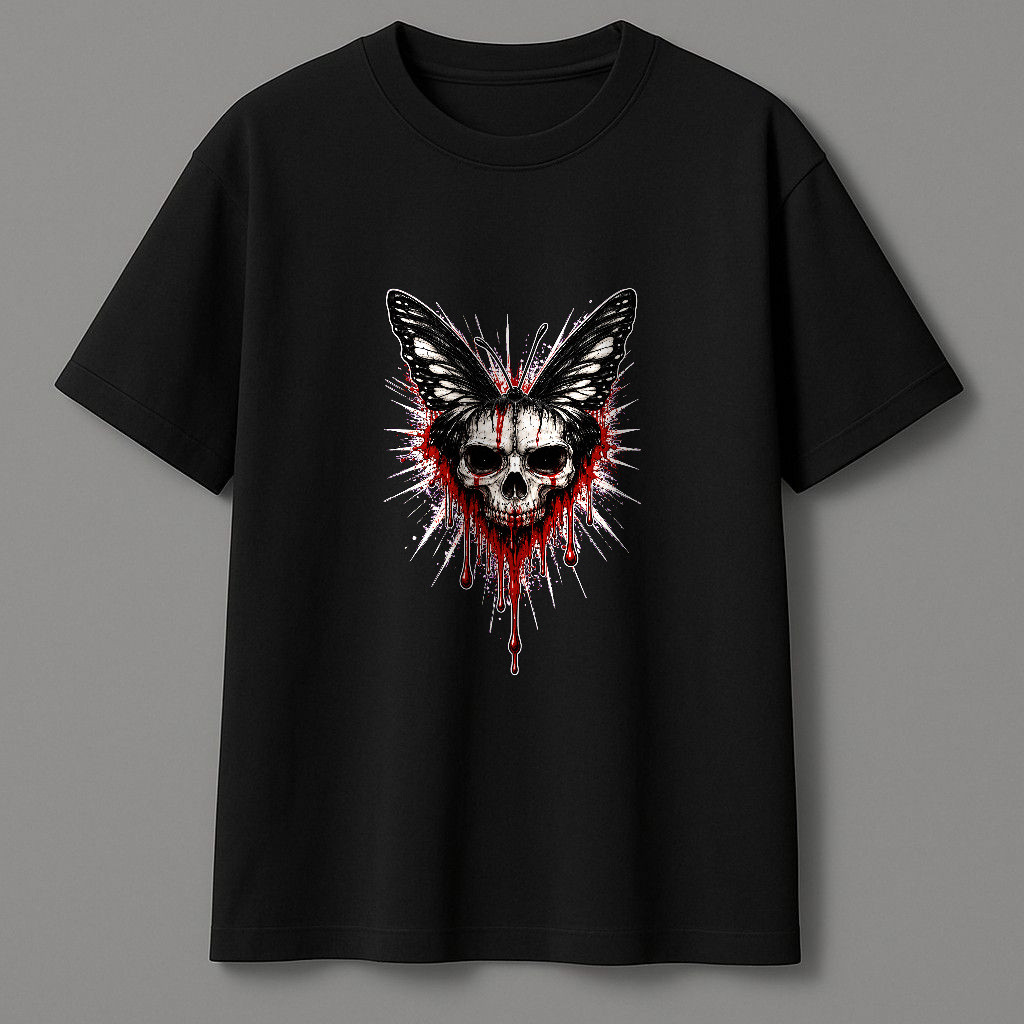 Kaos Pendek Motif Tengkorak Kupu-Kupu Berdarah Gaya Gothic, Bahan Katun Tebal Dengan Potongan Oversi
