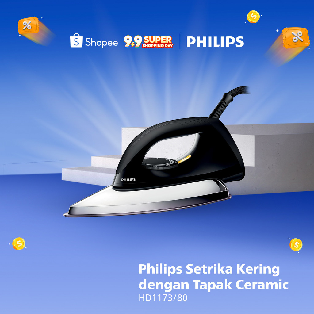 Philips Setrika kering HD1173/80 Hitam, Ceramic 4 Lapis, Anti-Lengket, seterika philips,gosokan baju