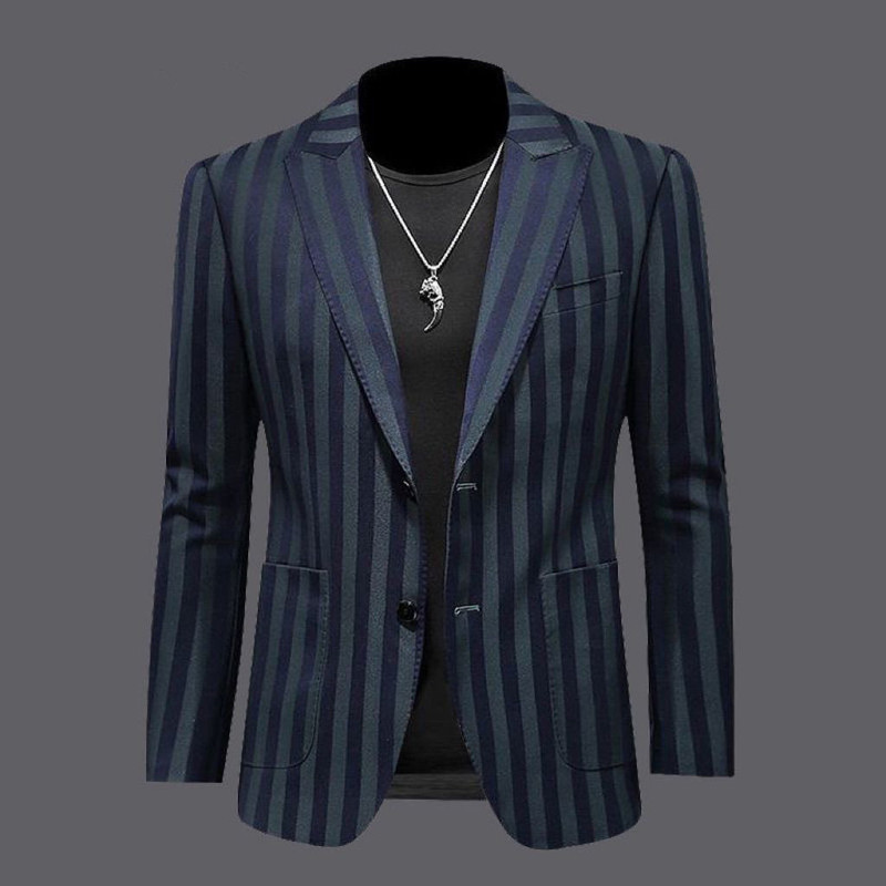 Blazer kasual pria berpola garis-garis dengan potongan slim-fit